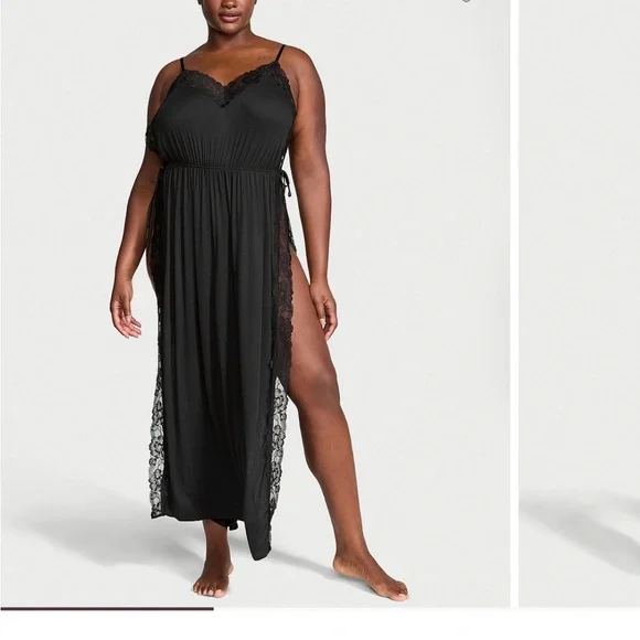 Victoria secret Elegant Black Lace Trim Maxi pajamas with slit size small - Picture 1 of 3